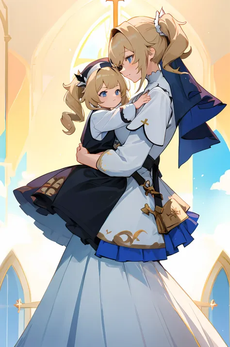 anime image of two women dressed nun posing for a picture like nun clothing in summer, medium hair, barbara curly blonde ponytai...