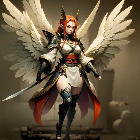 samurai angel with pointed ears, red hair and wings, full body, high quality