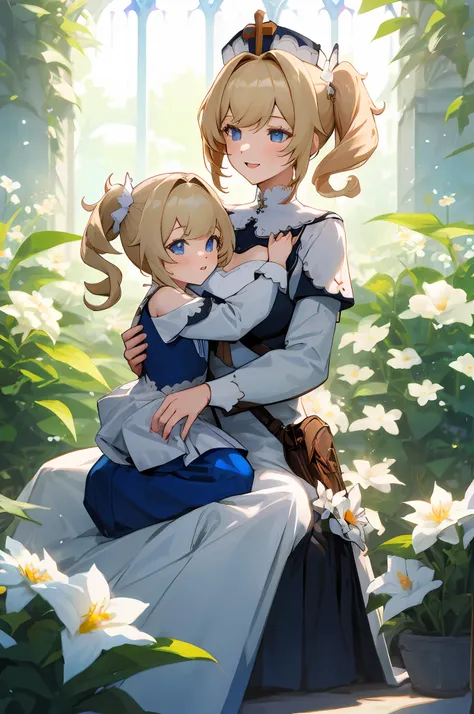 anime image of two women dressed nun posing for a picture like nun clothing in summer, medium hair, barbara curly blonde ponytai...