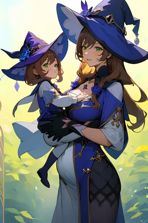 anime image of two women dressed witch posing for a picture like witch clothing in library, witch hat, green eyes, brown hair, p...