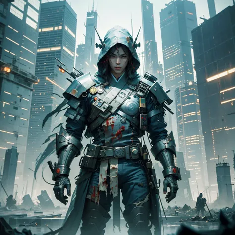 An ancient Chinese boy, hooded head, full body, amazing facial features, blood stains, sharp eyes, cyberpunk, holographic aura, surreal science fiction art, futuristic science fiction aesthetics, Hanfu (tattered, torn), mecha, complex design, game model, m...