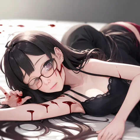 1 girl, ahoge, bangs, black-framed glasses, black dress, blur, blurred background, depth of field, glasses, looking at the audience, parted lips, piercing, purple eyes, upper body, very long hair, blood all over the body, lying flat on the ground with bloo...