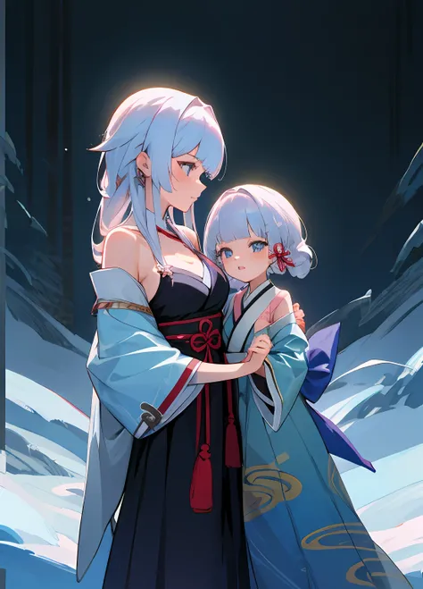 anime image of two women dressed in traditional japanese clothing in snow, white haired deity, characters from azur lane, anime fantasy illustration, from the azur lane videogame, genshin, artwork in the style of guweiz, cultivator detailed art, two beauti...