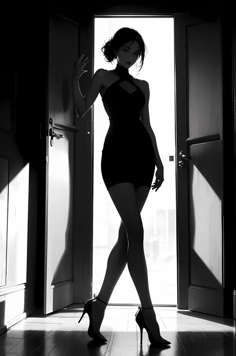 arapei silhouette a woman standing in doorway in high heels, perfect female body silhouette, beautiful female body silhouette, s...