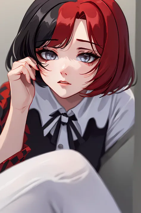 ((masterpiece, Best Quality))), Coupling, solo, 1girl, ((red hair, black hair, multicolored hair)), (white shirt, black tie), short hair, white tights, sitting, (close-up of the face), very detailed, photorealism, photorealism, surprised, puzzled, sad, sli...