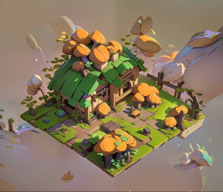 there is a small hut with a green roof and a basket of mushrooms, witch hut, building mushrooms, isometric game art, isometric game asset, game asset, mushroom house, isometric 2 d game art, stylized game art, isometric 3d fantasy cute house, stylized conc...