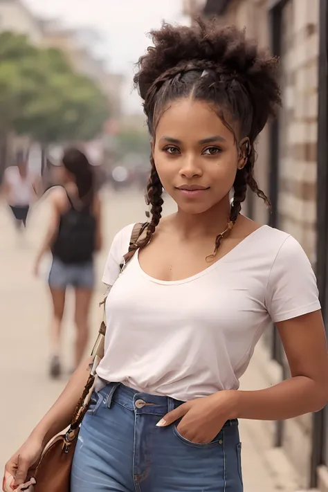 photo of beautiful malagasy woman madagascar, hair in braid, photorealistic zazie, afro bun, absurds, white shirt, jeans, street