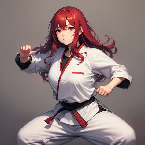 short chubby asian girl with long red hair doing martial arts. manga sketch