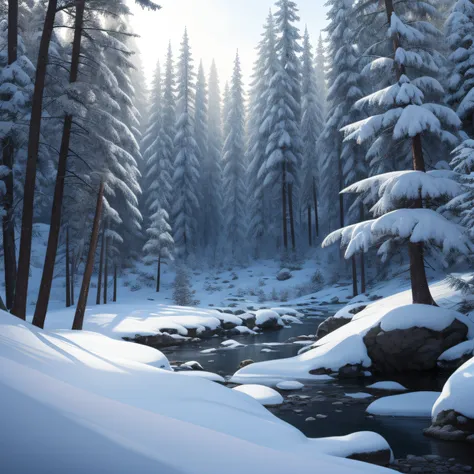 snow, ice, masterpiece, best quality, high quality, very detailed cg unified 8k wallpaper, taiga, silence, towering conifers cov...