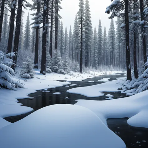 snow, ice, masterpiece, best quality, high quality, very detailed cg unified 8k wallpaper, taiga, silence, towering conifers cov...