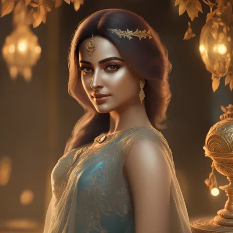 Indian Bollywood actress in the style of Alexandr Averin, dreamy, dark cyan and red, i cant believe how beautiful this is, serene atmosphere, ethereal light, epic realistic, illustrated by herg, style of Alois Arnegger, pen and ink,art by greg rutkowski an...