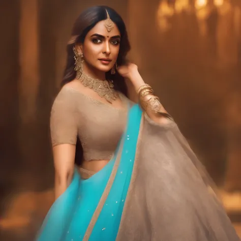 Indian Bollywood actress in the style of Alexandr Averin, dreamy, dark cyan and red, i cant believe how beautiful this is, serene atmosphere, ethereal light, epic realistic, illustrated by herg, style of Alois Arnegger, pen and ink,art by greg rutkowski an...