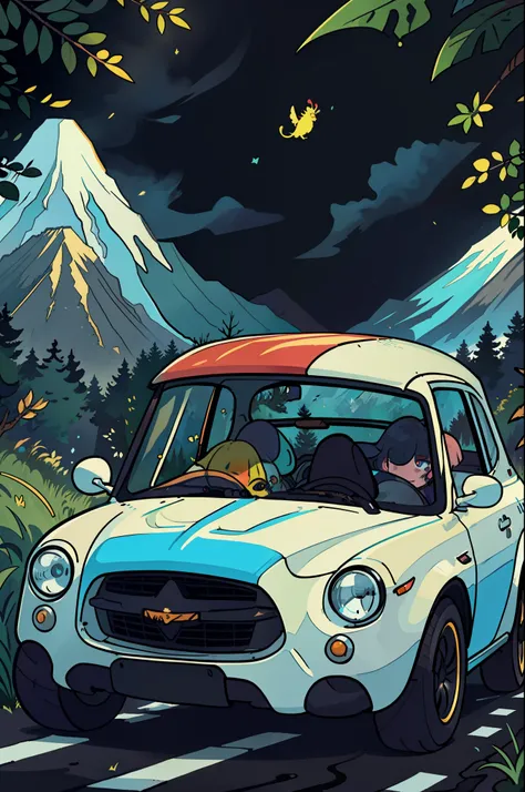 Masterpeace, BestQuality, Car, Forest, Mountains, Wet Road, Auto, Auto, Bright Colors, Volumetric Lighting, Best Shadows, Shallow Depth of Field, (High Quality, Stunning Details: 1.25), Brilliant Colorful Paintings, Whimsical, Magical, Flicker, Highlights,...