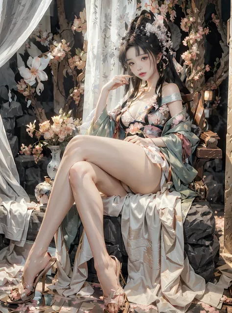 Sexy seductive lady, 30 years old, peach blossom eyes, smoky makeup, silk high-forked hanfu, stiletto heels, (bare legs), provocative expression, sitting on a throne, striped hair, black hair, moles under the eyes, makeup, anime style, seductive smile, kin...