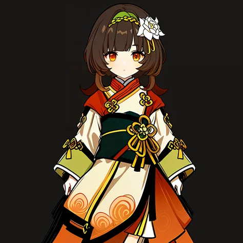 genshin avatar, (a girl with brown hair and orange eyes: 1.4), (((short hair))), hair between the eyes, ((white silk coat a litt...