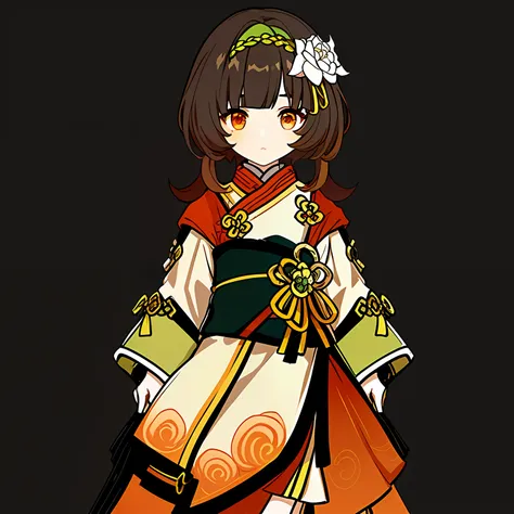 genshin avatar, (a girl with brown hair and orange eyes: 1.4), (((short hair))), hair between the eyes, ((white silk coat a litt...