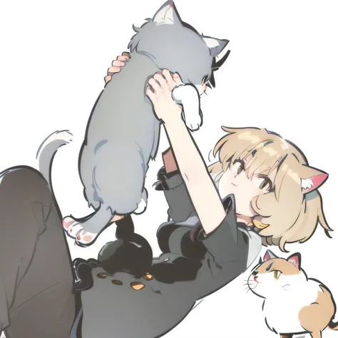 Anime drawing of a man holding a cat and a cat lying on her lap, anime cat, Natsume Yukinju, anime catwoman, Nefer Pitu, cute anime catwoman, Nekomimi, realistic anime cat, neko, kemonomimi, petting a cat, nichijou, catwoman, holding a cat