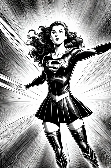 ridiculous resolution, high resolution, (masterpiece:1.4), super detailed, supergirl, seen from above, space, floating, monochro...