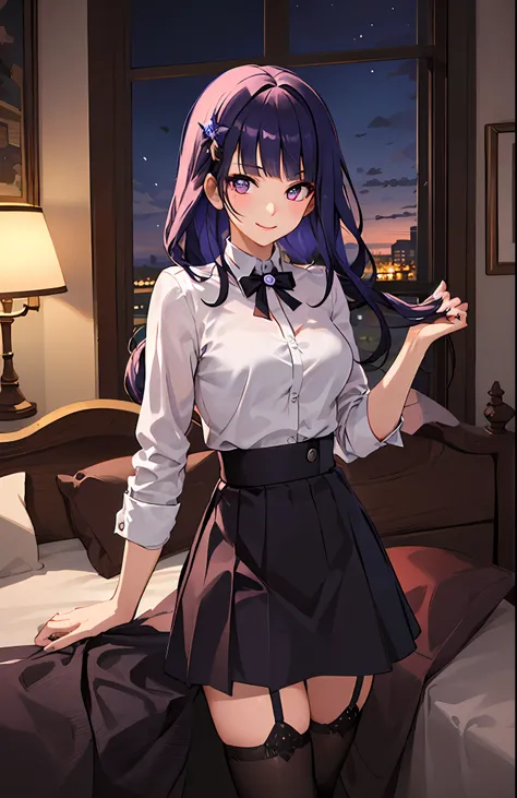masterpiece, best quality, ultra-detailed, illustration, 1girl, ((looking at viewer)), (cowboy shot), smile, mata ungu,long hair,blunt bangs,on bed,
collared shirt,shirt,skirt,small breast,long hair, empowered, beautiful, detailed, Perhatian, mencintaiku d...