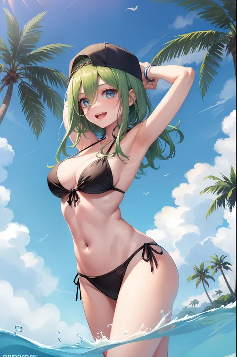 masterpiece, best quality, absurdres, perfect anatomy, 1girl, solo, backwards cap, baseball cap, green hair, yellow eyes, medium breasts, beach, palm tree, water, (partially submerged), smile, :d, spread arms, frilled bikini, cute, cute bikini, dynamic pos...