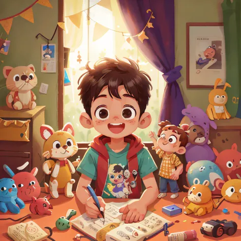 A boy, room, many toys, happy, happy, perfect quality, clear focus (clutter - home: 0.8), (masterpiece: 1.2) (Realistic: 1.2) (Bokeh) (Best quality) (Detailed skin: 1.3) (Intricate details) (8K) (Detail eyes) (Sharp focus), (Happy)