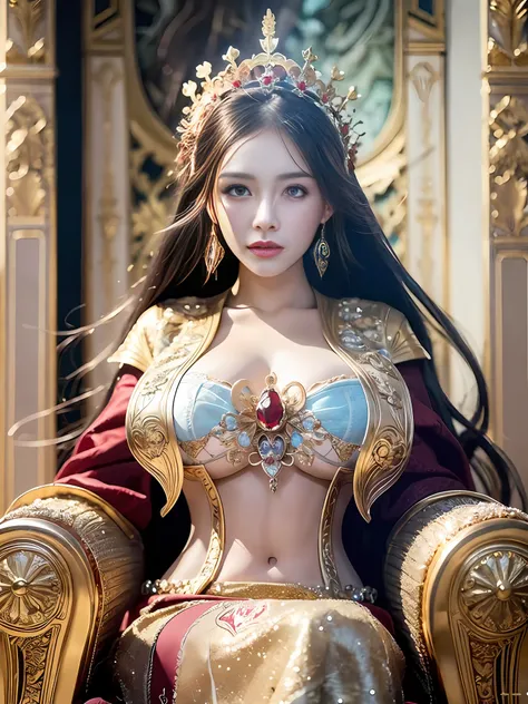 best quality,masterpiece, detailed,intricate details,photorealistic, cinematic lighting,(fantasy art:1.6), (seiza:1.1), (frontal:1.2), upright,royal, majestic, queen, empress,(Huge and magnificent seats:1.4), crown, Frontal close-up, solemnity, throne, upr...