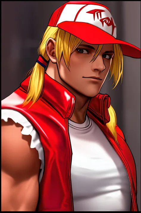 terrybogard , arcane style, 1guy, solo, letterboxed, blurry background, medium shot portrait, ((masterpiece)) (red trucker cap),...