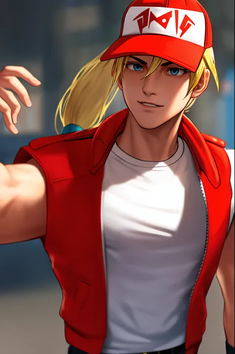 terrybogard , arcane style, 1guy, solo, letterboxed, blurry background, medium shot portrait, ((masterpiece)) (red trucker cap),...