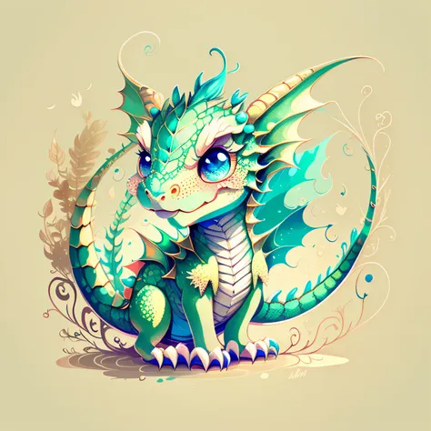 baby paint drawing, painted cute little dragon, cute baby dragon, flat image, pastel light colors, calm beige colors, diffused l...