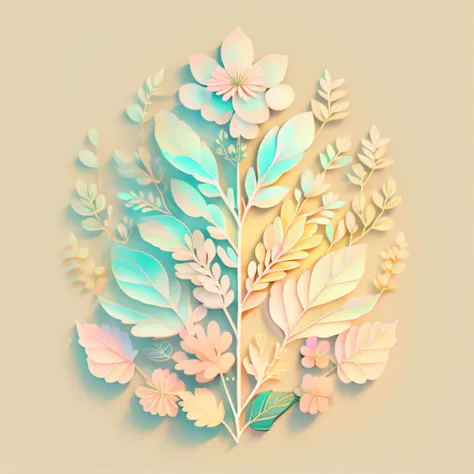 delicate pastel background with veined leaf ornament, fine lines, elegant floral ornament, delicate botany, small flowers and ea...