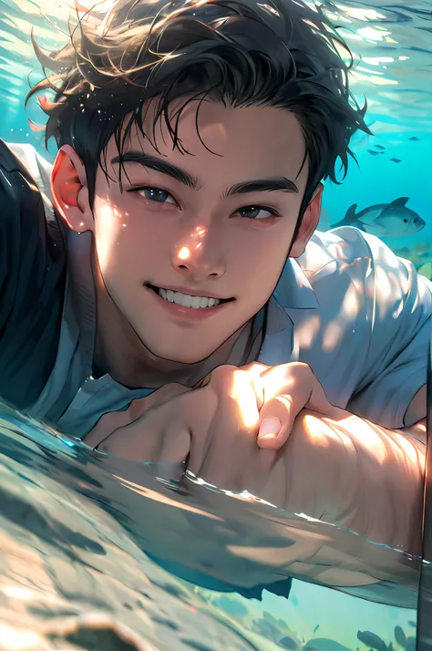 1 boy, masterpiece, realism, juvenile feeling, underwater shooting, 20 years old boy, lying on his side in the water, close-up of face, shaggy hair, smile on face, high detail, black hair, realistic details, sunlight, seawater,