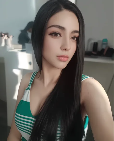 a close up of a woman with long black hair wearing a green and white dress, with straight black hair, female with long black hai...