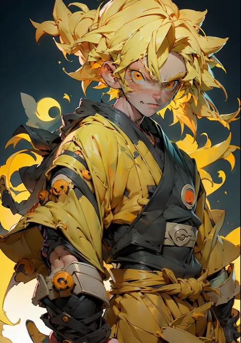 Naruto uzumaki, young boy(1boy) with yellow hair and orange and black clothes, ninja bandana on his forehead, Naruto, super detailed and defined illustration, concept art, artstation, 8k.