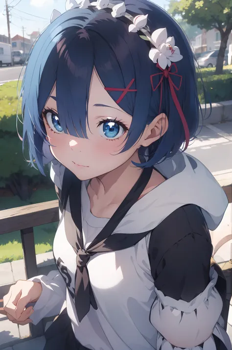 rem /(re:zero)/ ,anime girl sitting on steps , short light blue hair , blue eyes, girl fanart, in an anime style, in anime style...