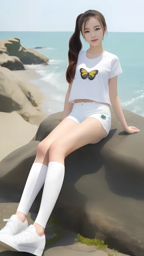 high quality, masterpiece, 8k, (1 girl, two ponytails), (sit reclining on a rock, seaside, sea, waves), smile, (professional wea...