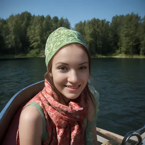 smiling woman in green bandana on a boat on a lake, marina federovna, irina nordsol kuzmina, yelena belova, aleksandra waliszewska, alina ivanchenko, maria panfilova, moleksandra shchaslyva, ewa juszkiewicz, by Grytė Pintukaitė, angelina stroganova --auto