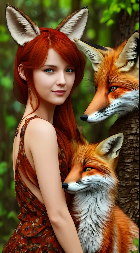 ultra realistic photo, red-haired woman with fox ears and tail --auto