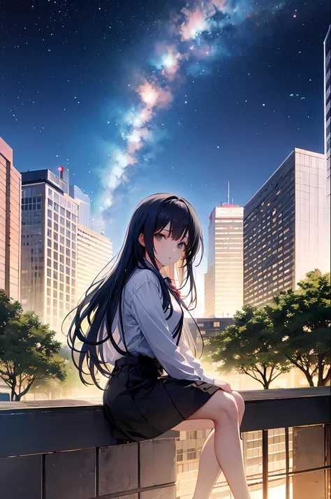 octans, sky, star (sky), scenery, starry sky, night, 1girl, night sky, solo, outdoors, building, cloud, milky way, sitting, tree, long hair, city, silhouette, cityscape