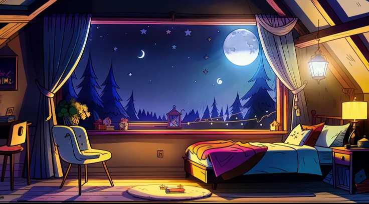 a cozy bedroom at night, moonlight shining through the window, detailed illustration, cartoon, in the style of gravityfalls,