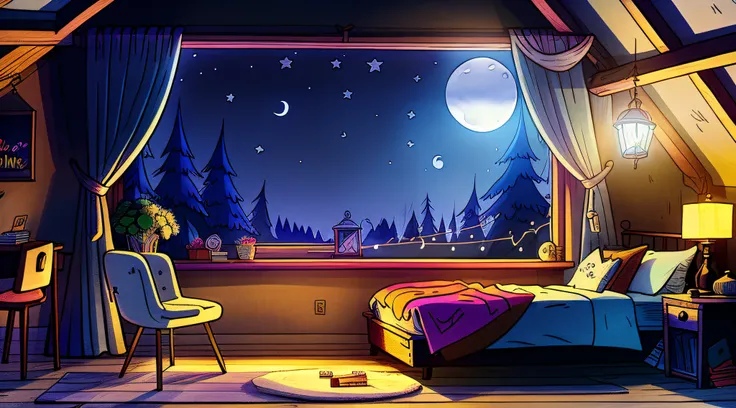 a cozy bedroom at night, moonlight shining through the window, detailed illustration, cartoon, in the style of gravityfalls,