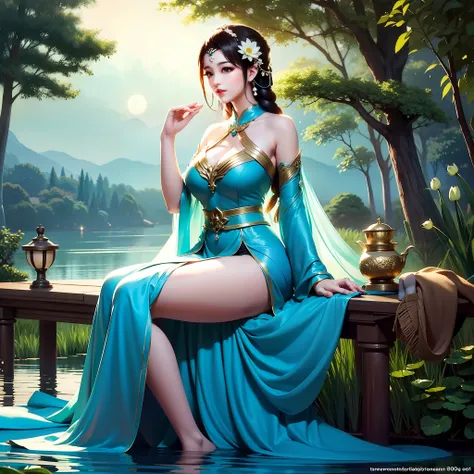 Sitting by a lake full of lotus flowers, feet playing in the water, the art depicts a charming woman with a melon face, dressed in a flowing, silky traditional oriental dress, long, aqua blue, decorated with intricate patterns and bright colors. Her dress ...