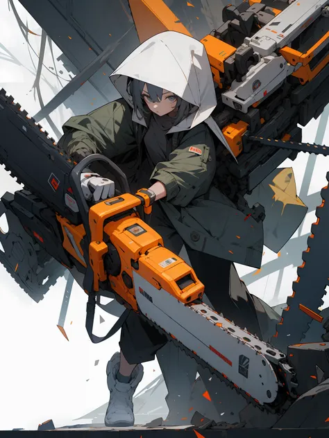 absurdres, highres, ultra detailed,
1girl,oversized hooded jacket,full body,
holding mechanical chainsaw,