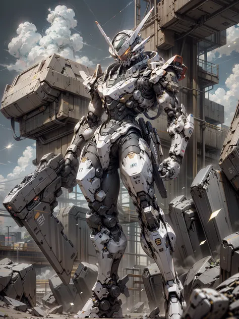 ((Best Quality)), ((Master Works)), (Very Detailed: 1.3), 8K, cool painting, full of sci-fi atmosphere, blue mecha looking up sideways at the sky, blue, gilded blue, holding a sword, swords scattered, streamlined blue armor, complex weapons and equipment b...