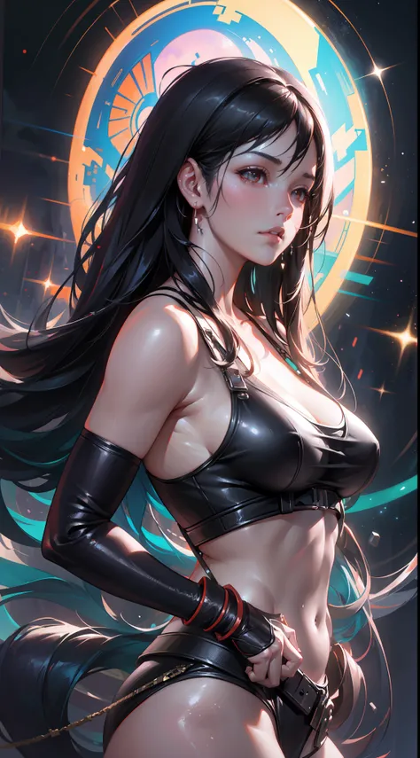 tifa ff7, oil on matte canvas, sharp details, the expanse scifi spacescape ceres colony, intricate, highly detailed, digital painting, rich color, smooth, sharp focus, illustration, Unreal Engine 5, 8K, art by artgerm and greg rutkowski and alphonse mucha
