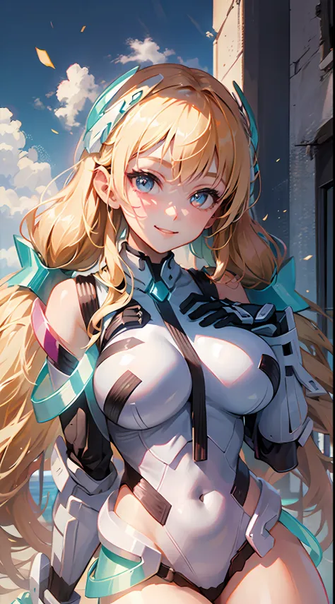 1girl,solo, light smile,huge breasts, deva battle suit,gloves, very long hair,outdoors,
blonde_hair,long hair,hand on own chest,...