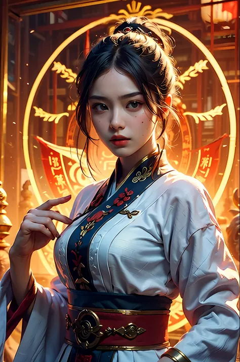 Best Quality, Masterpiece, Ultra High Resolution, (Realistic: 1.4), Xiuxian, Weapon, Detail Face, 1 Girl, Solo, Weapon, (Magic Circle: 1.2), Xiuxian, Upper Body, Young Woman, Full Body, East Asian Architecture, Sheath, Building,