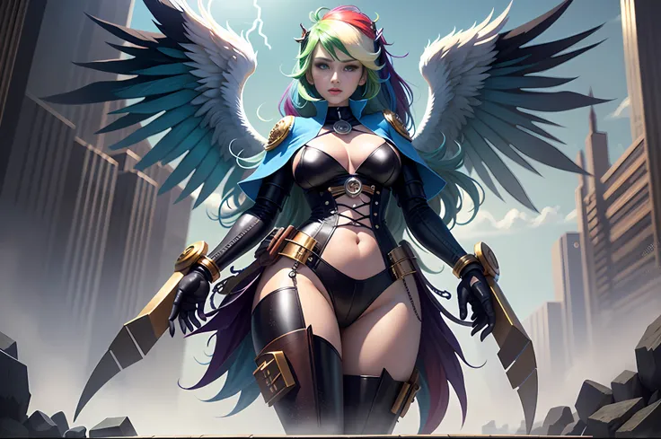 (Rainbow Dash), Rainbow Dash from my little pony, Rainbow Dash in the form of a busty girl, long hair, lush hair, steampunk, body from steampunk mechanisms, golden gears, not human, gear leather, red boots, full-length body view, detailed blue wings, big ...