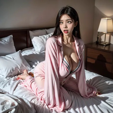 open mouth, attractive japanese woman,pajamas, cowboy shot, gigantic breasts,kneeling on the bed