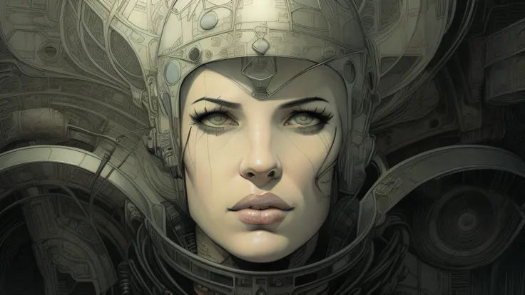 there is a drawing of a woman with a helmet on, martin ansin artwork portrait, detailed sci-fi art, ripley, drew struzan illustr...