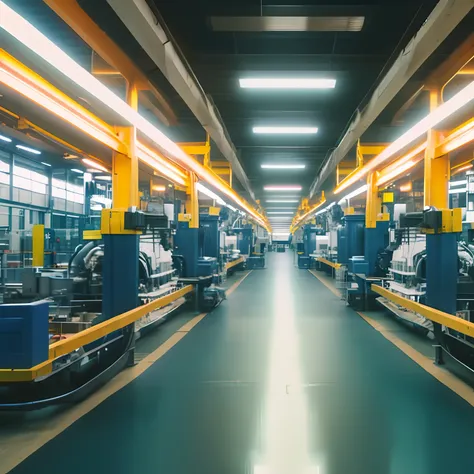 interior of an engine factory, assembly line, no people, real manufacturing process, ultra high quality, high definition, 8k, hi...